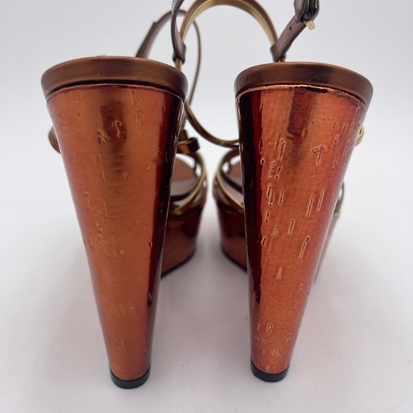 Gucci Metallic Gold & Bronze Strappy Wedge Sandals - Picture 2 of 9